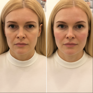 A before and after comparison and client testimonial highlighting the subtle yet effective results of a lip enhancement to address a gummy smile.